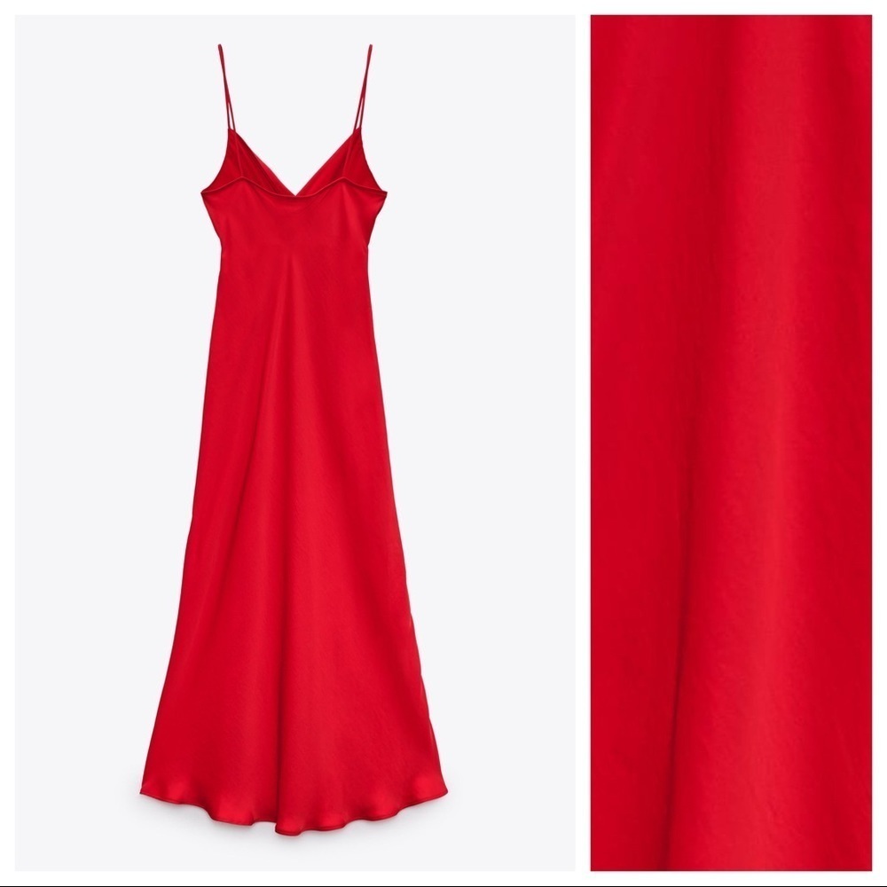NWT. Zara Red Satin Camisole Strappy Slit Midi Dress. Size XS - Picture 7 of 10